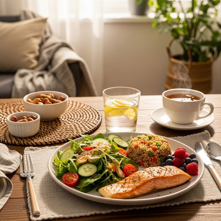 Gevarieerde schalen met verse groenten, granen en eiwitten op een houten tafel